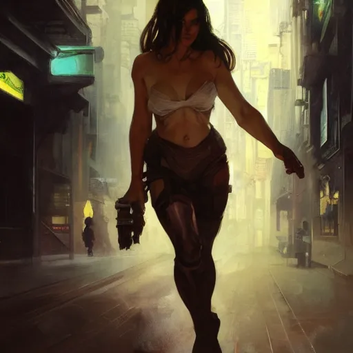 Image similar to tiffa lockhart, hyperrealistic full figure, bladerunner street alley, art of elysium by frank frazetta and by jeremy mann and by alphonse mucha, fantasy art, photo realistic, dynamic lighting, artstation, full figure poster, volumetric lighting, very detailed face, 4 k, award winning