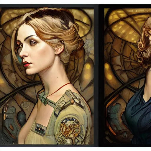 Prompt: a dieselpunk painting in the style of donato giancola, and in the style of charlie bowater, and in the style of alphonse mucha. symmetry, smooth, sharp focus, semi - realism, intricate detail.