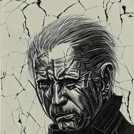 Image similar to Yoshitaka Amano realistic illustration of joe biden ,hair fluttering in the wind, cracks on his face wearing Elden ring armour with engraving, abstract black and white patterns on the background, noisy film grain effect, highly detailed, Renaissance oil painting, weird portrait angle, blurred lost edges, three quarter view