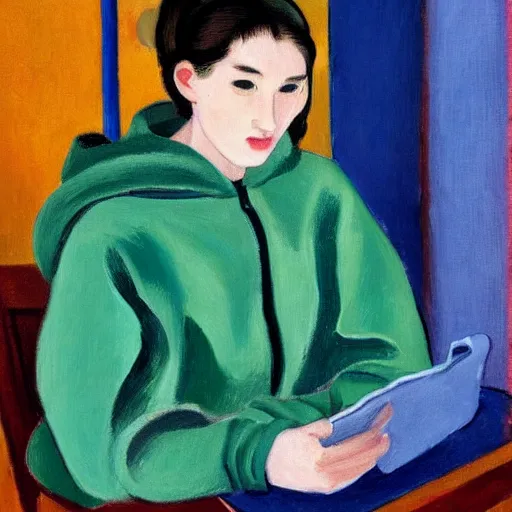 Image similar to early morning. a young woman wearing a cozy hoodie, with double buns hairstyle is texting on her smartphone. sunlight is entering through the window and beautifully lighting the face. depth of field, backlit, closeup, oil on canvas, art by henri matisse 1 9 4 4, in the style of dance by henri marisse, 1 9 1 0, smooth, fauvism, 2 k