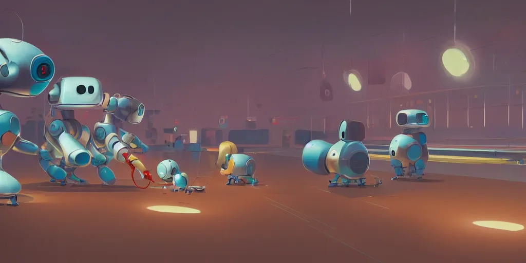 Image similar to cute robots in a bowling alley by Goro Fujita and Simon Stalenhag , 8k, trending on artstation, hyper detailed, cinematic