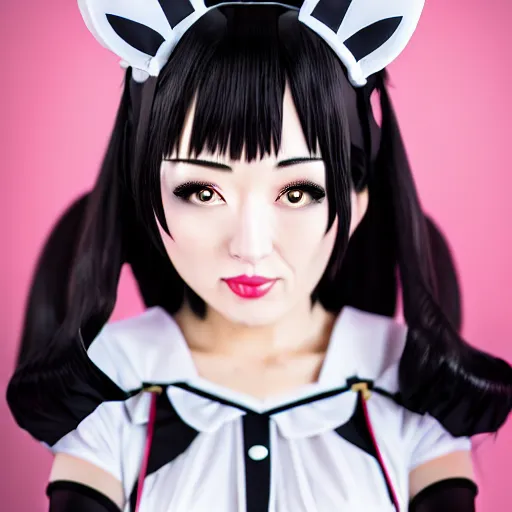 Image similar to hitler wearing an japanese maid costume and cat ears, 4 k, hyper realistic, dslr, high resolution, landscape, beautiful