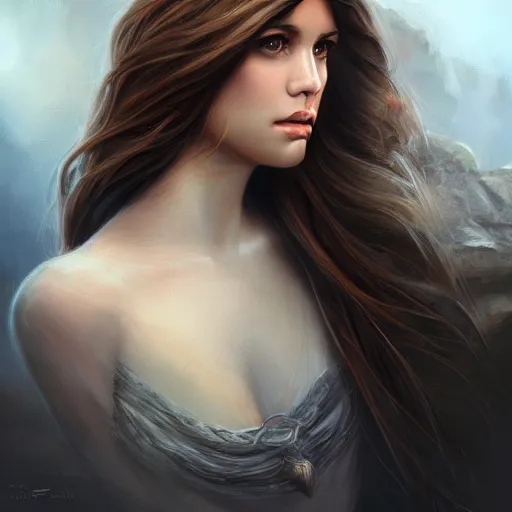 Prompt: centered front face portrait of an attractive young female earth angel, beautiful long brown hair, rocks and stones, intricate, highly detailed, elegant, digital painting, trending on artstation