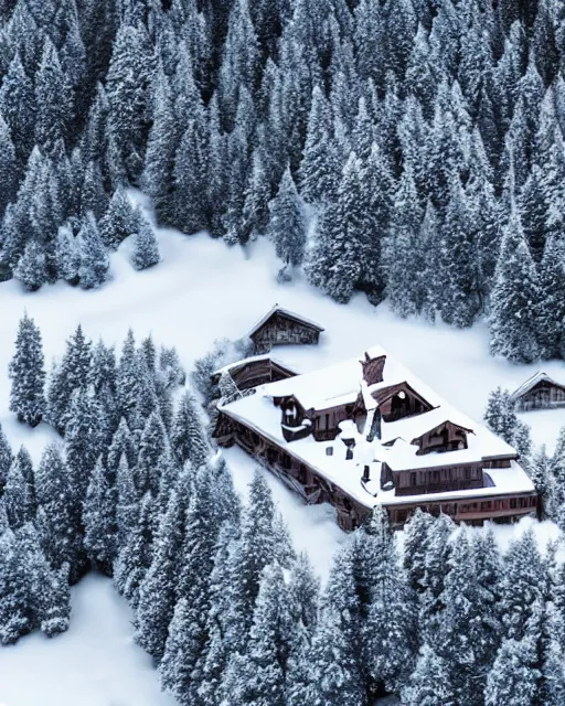 Image similar to hidden mansion in the alps with snow covered roof set on fire, zoomed out, shot from drone, iphone capture