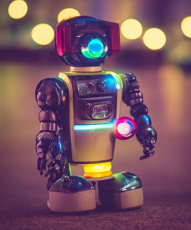 Image similar to high quality presentation photo of a retro toy robot with glowing eyes, photography 4k f1.8 anamorphic bokeh 4k Canon Nikon