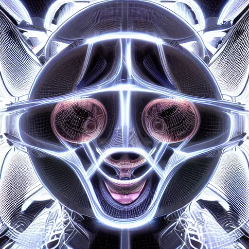 Image similar to an insanely detailed cibernetic artwork of a futuristic artificial intelligence superstar, centered image, perfectly symmetrical alien face, with frames made of detailed fractals, octsne render, 4k, insanely detailed, detailed grid as background, cgi