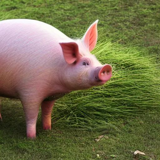 Prompt: a pig covered in grassy weeds, on top of a the One Central Park building in Chippendale, Sydney