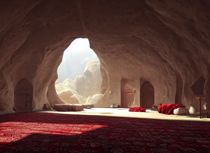 Image similar to a mosque inside a cave, red iranian rug, holy by caspar david friedrich by james gilleard and justin gerard, artstation, smooth, sharp focus, by jean baptiste, octane render