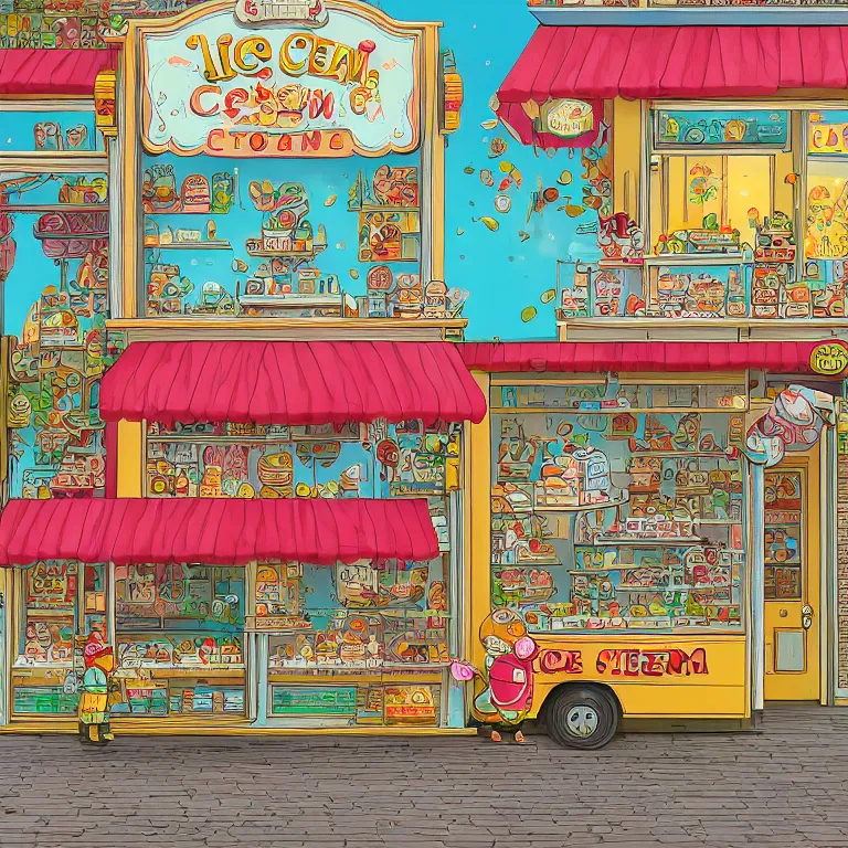 Image similar to ice cream shop, by richard scarry, intricate detail, HD, trending on artstation, fluorescent accents