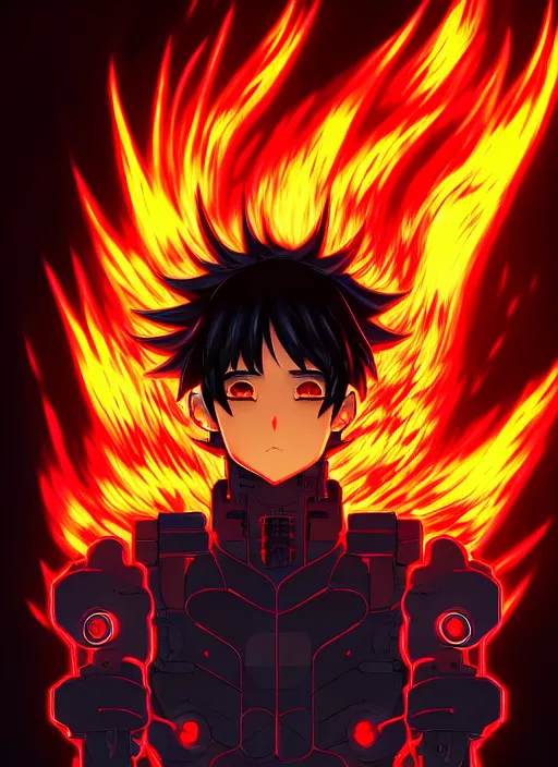 Image similar to a detailed manga full body portrait illustration of a dark haired cyborg anime man surrounded by fire, detailed artwork, realism, 4 k resolution, detailed, high quality, sharp focus, hq artwork, insane detail, volumetric lighting, character concept art, fine details, clear subject, central subject