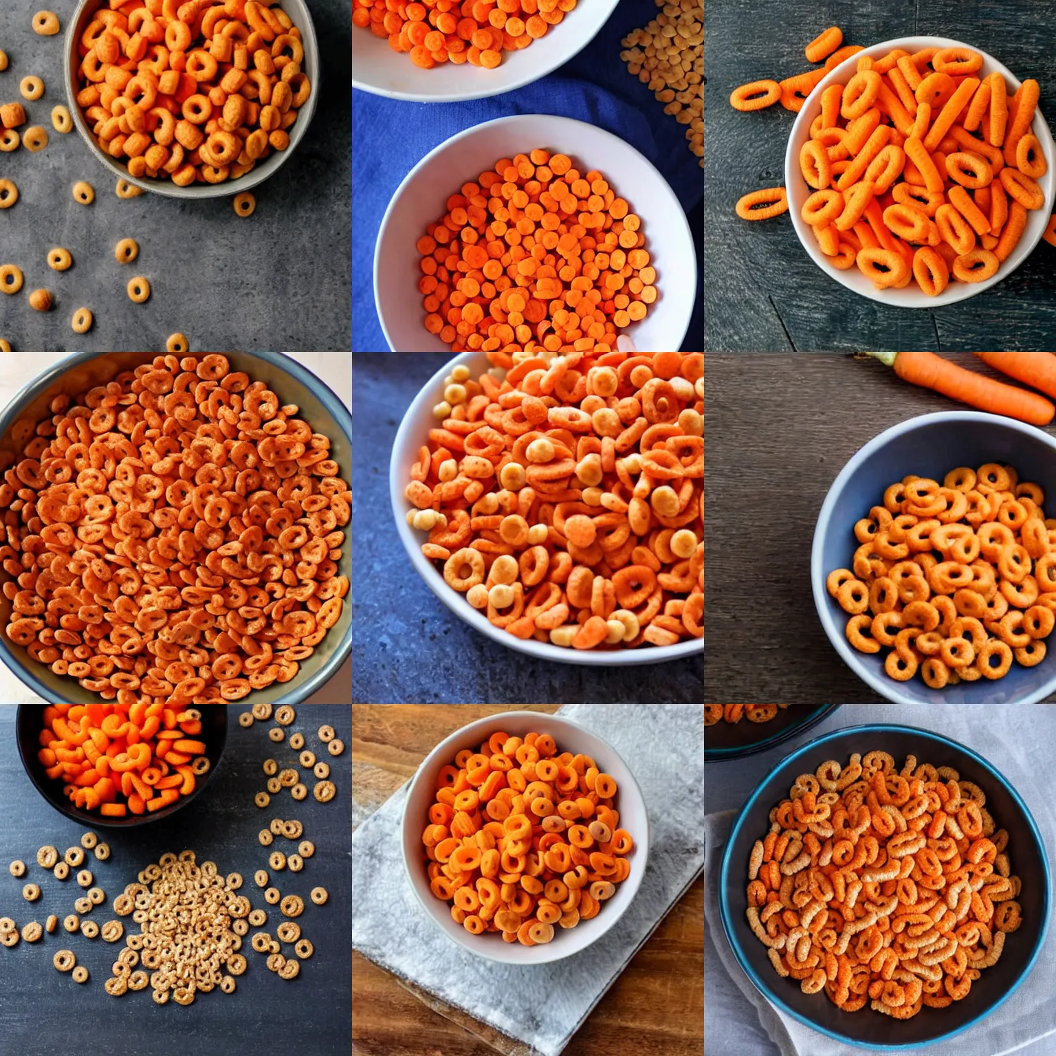 Prompt: a giant bowl of cheerios with carrots