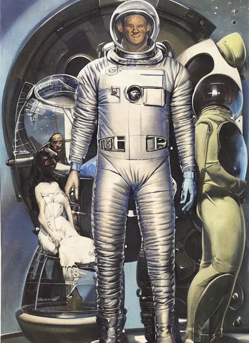 Image similar to 5 0 s pulp scifi fantasy illustration full body portrait martyn ford in spacesuit meets alien man from venus, by norman rockwell, roberto ferri, daniel gerhartz, edd cartier, jack kirby, howard v brown, ruan jia, tom lovell, frank r paul, jacob collins, dean cornwell, astounding stories, amazing, fantasy, other worlds