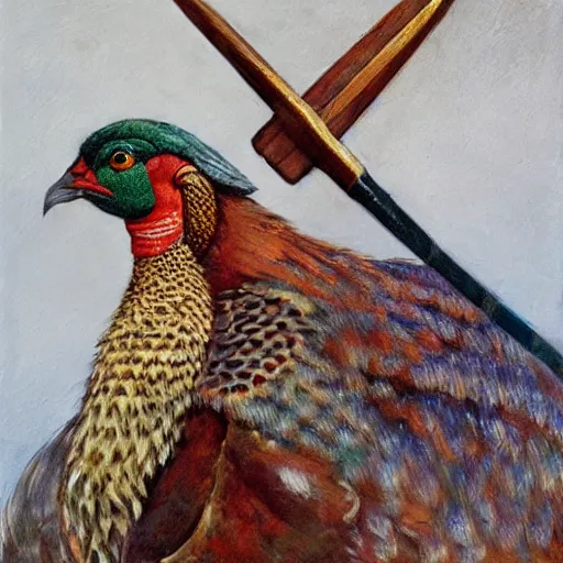 Image similar to Pheasant holding a sword, by lily seika jones , rivuletpaper art, very detailed, shot in canon, by Viktor Vasnetsov, oil painting, harsh fairy tale, soft style, hyperrealism, beautiful, high resolution, trending on artstation, steps 50