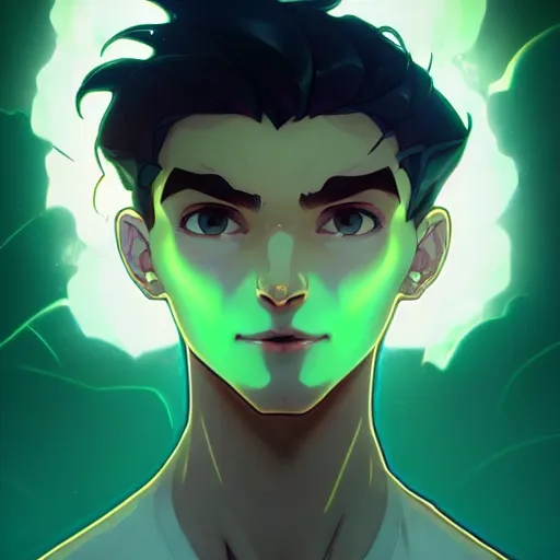 Image similar to a face portrait character design by artgerm, cushart krenz, greg rutkowski and alphonse mucha. young danny phantom!! glowing green eyes!! bold outline sharp edges. ultra clear detailed. 8 k. elegant, neon colors, symmetry, intricate complexity, epic composition, magical atmosphere, cinematic lighting masterpiece trending on artstation 8 k octane render.