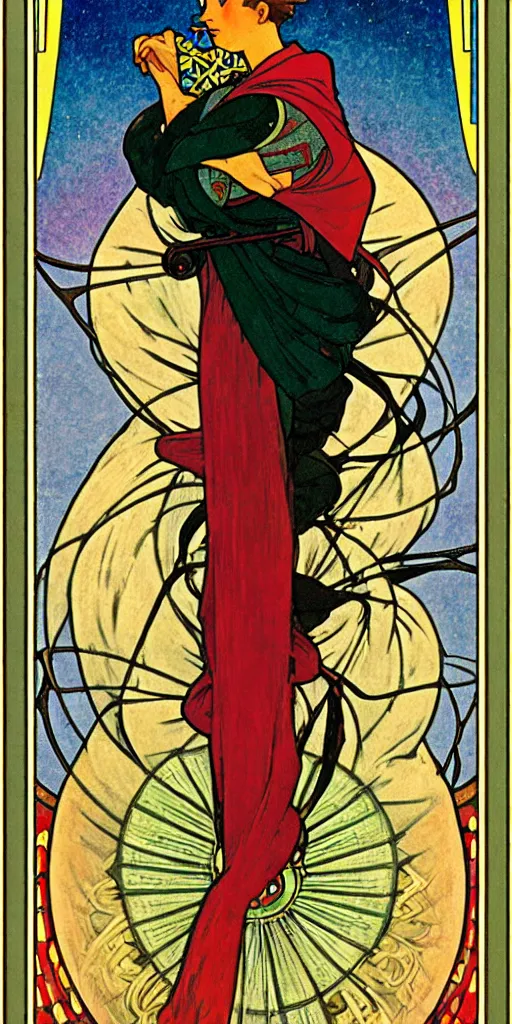 Prompt: the fool, rider - waite tarot card with an art deco boarder, high quality, digital painting, by studio ghibli and tammara de lempika and alphonse mucha