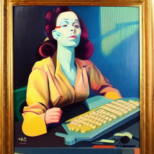 Prompt: oil on canvas portrait of a woman programming a computer, retro science fiction vintage art, colorful, very detailed