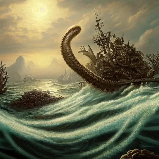 Prompt: An invisible Kraken in the middle of the sea, fantasy art, in the style of Asher Brown Durand, illustration, epic, fantasy, intricate, hyper detailed, artstation, concept art, smooth, sharp focus, ray tracing