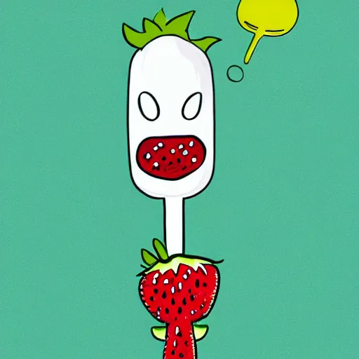 Prompt: a cute strawberry character with two front teeth, holding a yellow toothbrush, in the style of michael deforge