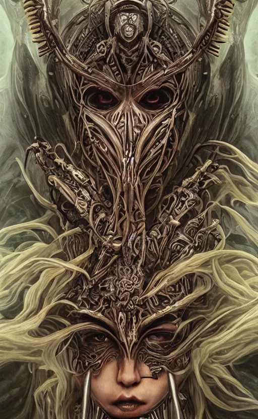 Image similar to Elden Ring themed painting of hybrid majestic aztec warrior princess fantasy biomechanical human beautiful immortal feminine angel symmetrical face angry mask closeup face breathing mask tattoo pattern golden ratio concept, deep forest psytrance Neo-Gothic concept, infinity glyph waves, intricate artwork masterpiece, very coherent artwork, cinematic, full frontal facial features by Artgerm, Takato Yamamoto, Zdizslaw Beksinski, Johnatan Wayshak, Moebius, Ayami Kojima, very anatomically coherent artwork, trending on cgsociety, ultra high quality model, production quality cinema model, high detail chromatic ink outline, octane render, unreal engine 8k, hyper realism, high detail, octane render, unreal engine, 8k, High contrast