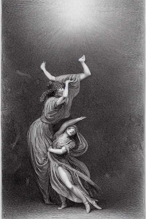 Image similar to A maiden dancing with the devil in the style of Gustave Dore