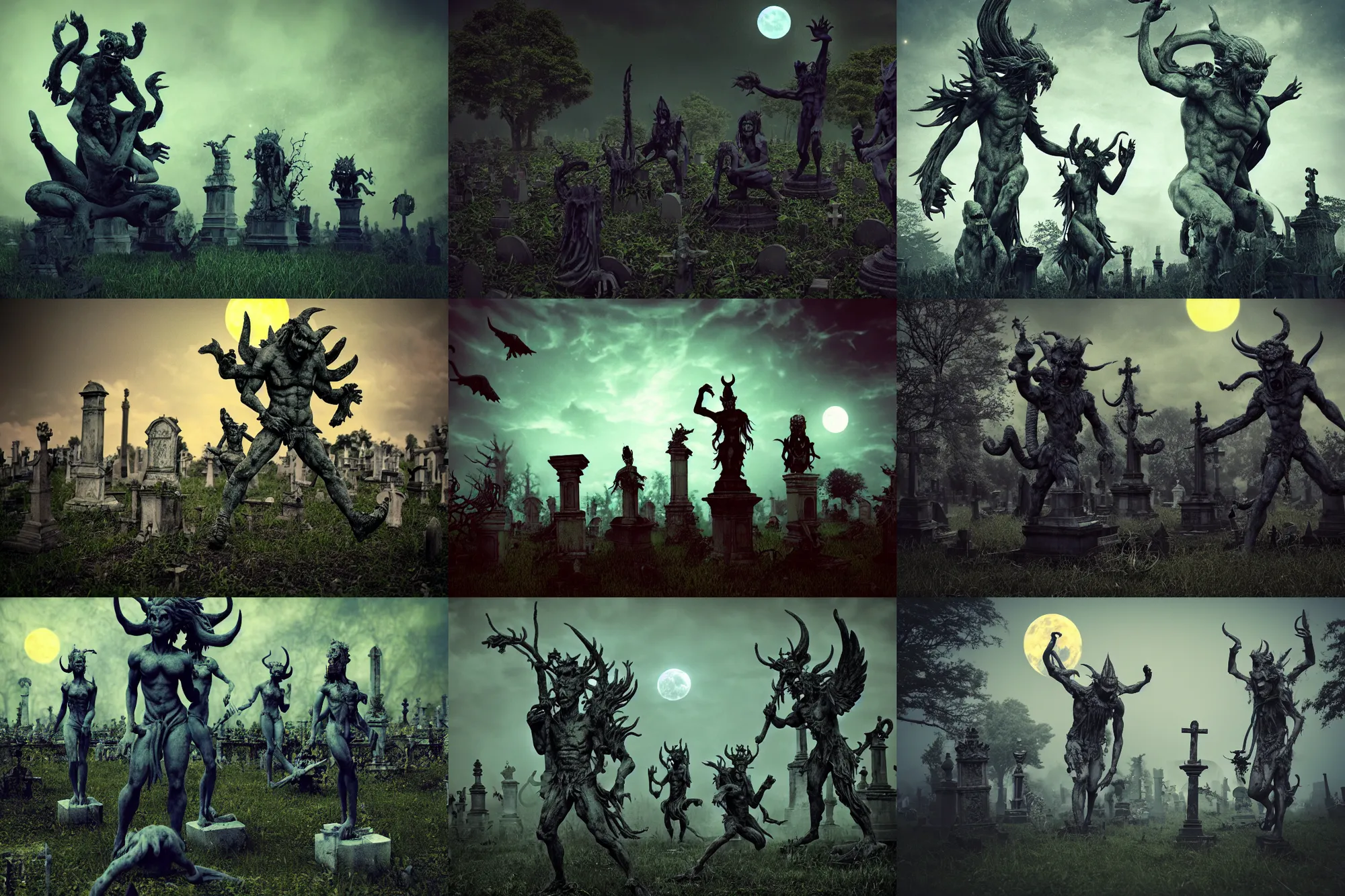 Prompt: a photograph of demon statues demon statues in an overgrown graveyard, burning pentagon, scary creatures, cosmic horror, morbid art, sharp focus, cinematic, high angel distant shot, moonlight, hyper detailed, 4 k, octane render, deviantart,