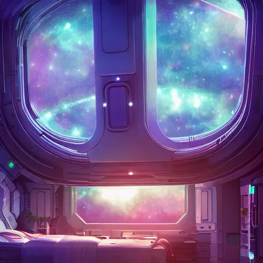 Prompt: a futuristic room in a space station, a large bed and screens, lush plants, a colorful nebula can be seen through a window, moody lighting, trending on Artstation, very detailed, Gigapixel, in the style of Guardian of the Galaxy