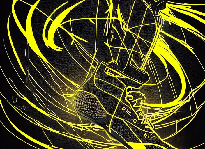 Image similar to glowing black sneaker, wth short golden lines, yellow details, symmetrical, highly detailed, digital art, sharp focus, trending on art station, samurai, electricity superpowers, anime art style