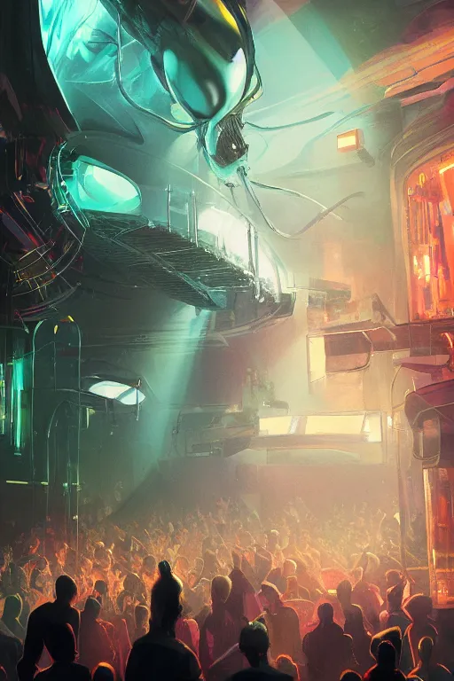 Prompt: Alien tourists from another planet visit a jazz nightclub in Harlem, an epic painting, volumetric lighting, intricate, elegant, highly detailed, digital painting, artstation, concept art, smooth, sharp focus, art by Maciej Kuciara