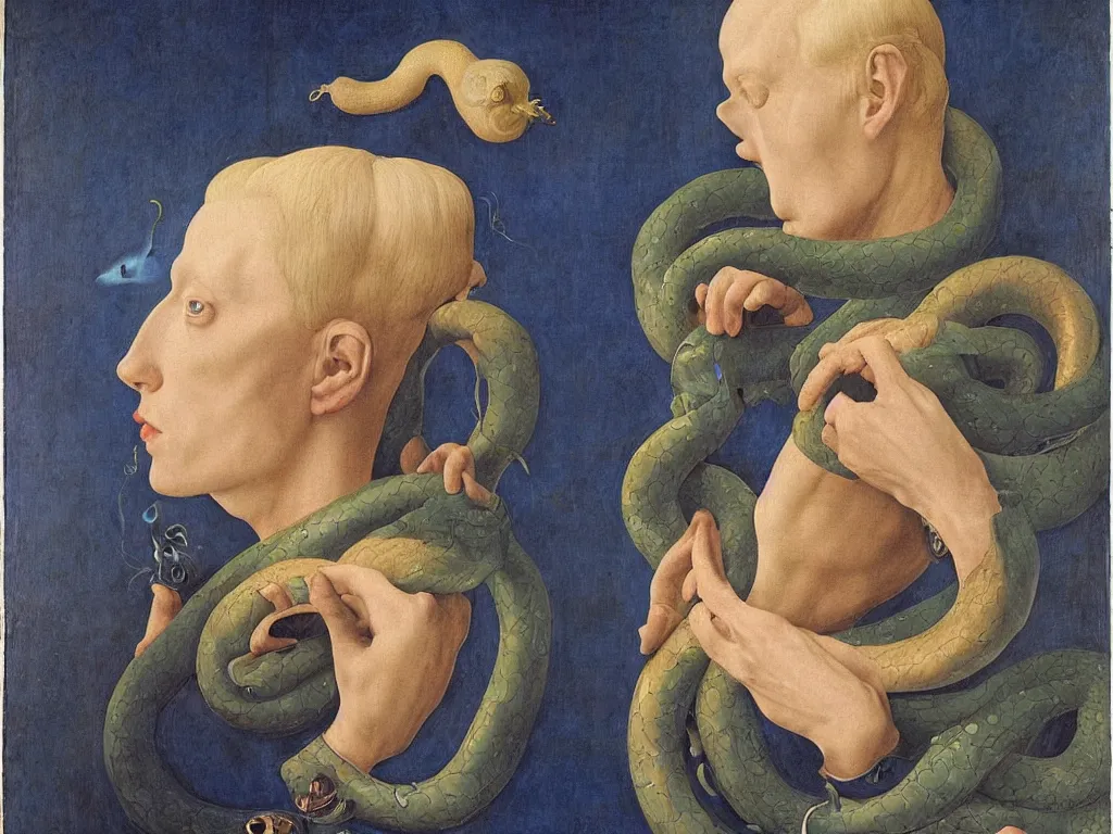 Image similar to Portrait of albino mystic with blue eyes, with beautiful exotic melancholy serpent. Painting by Jan van Eyck, Audubon, Rene Magritte, Agnes Pelton, Max Ernst, Walton Ford