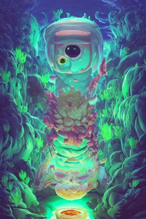 Image similar to roots cactus sushi cristal smurf ghost creature animal sushi cristal very big eye roots cactus elemental flush of force nature micro world fluo fishscale, behance hd by jesper ejsing, by rhads, makoto shinkai and lois van baarle, ilya kuvshinov, rossdraws radiating a glowing aura global illumination ray tracing hdr