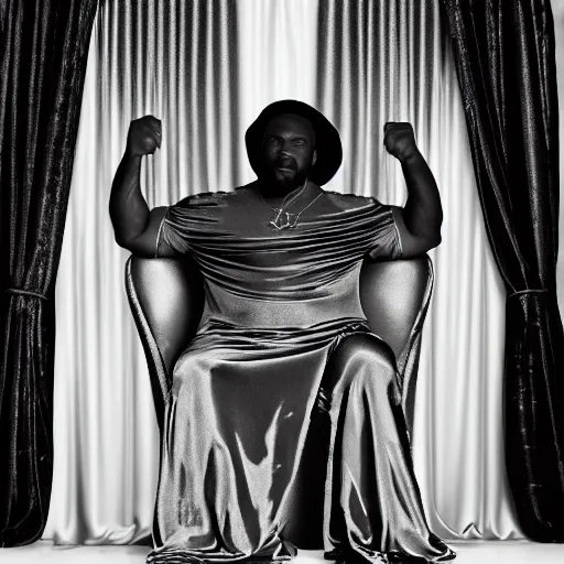 Prompt: Large black man sitting on throne wrapped in silk, background made of large folding curtains, black and white color, dimly lit, butterfly lighting, dark, style of carrivagio