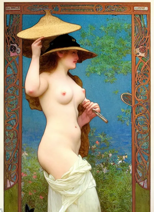 Prompt: leslie burke with straw hat, bouguereau and art nouveau mucha