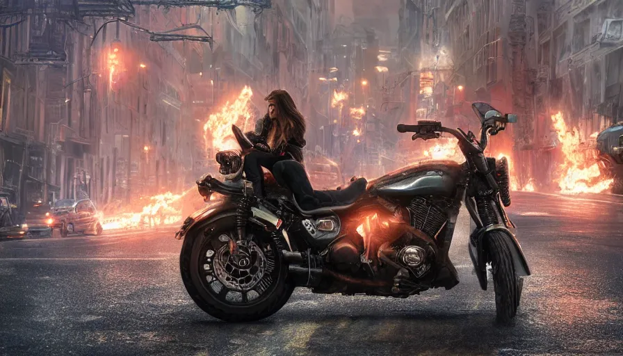 Prompt: a highly detailed epic cinematic concept art CG render digital painting artwork: powerful motorcycle design in the streets of fire movie 8k