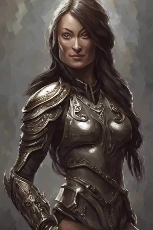 Image similar to a finely detailed portrait of Olivia Wilde, clothed in battle armor, olive skin, long dark hair, beautiful bone structure, symmetrical facial features, intricate, elegant, digital painting, trending on Artstation, concept art, smooth, sharp focus, illustration, from World of Warcraft, by Ruan Jia and Mandy Jurgens and Artgerm and william-adolphe bouguerea, award winning