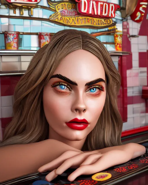 Image similar to highly detailed closeup, face profile portrait of a tin toy cara delevigne as a waitress in a diner, bikini, depth of field, fashion photoshoot by dan decarlo, breathtaking, detailed and intricate environment, 8 k resolution, hyperrealistic, octane render