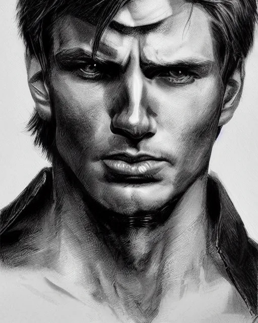 Image similar to portrait of steve rogers, realistic face, black and white drawing, in the style of greg rutkowski, fantasy, amazing detail, epic, intricate, elegant, smooth, sharp focus