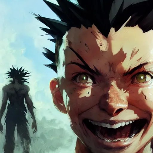 Image similar to realistic portrait of gon freecss, happy and smiling, dramatic lighting, illustration by Greg rutkowski, yoji shinkawa, 4k, digital art, concept art, trending on artstation