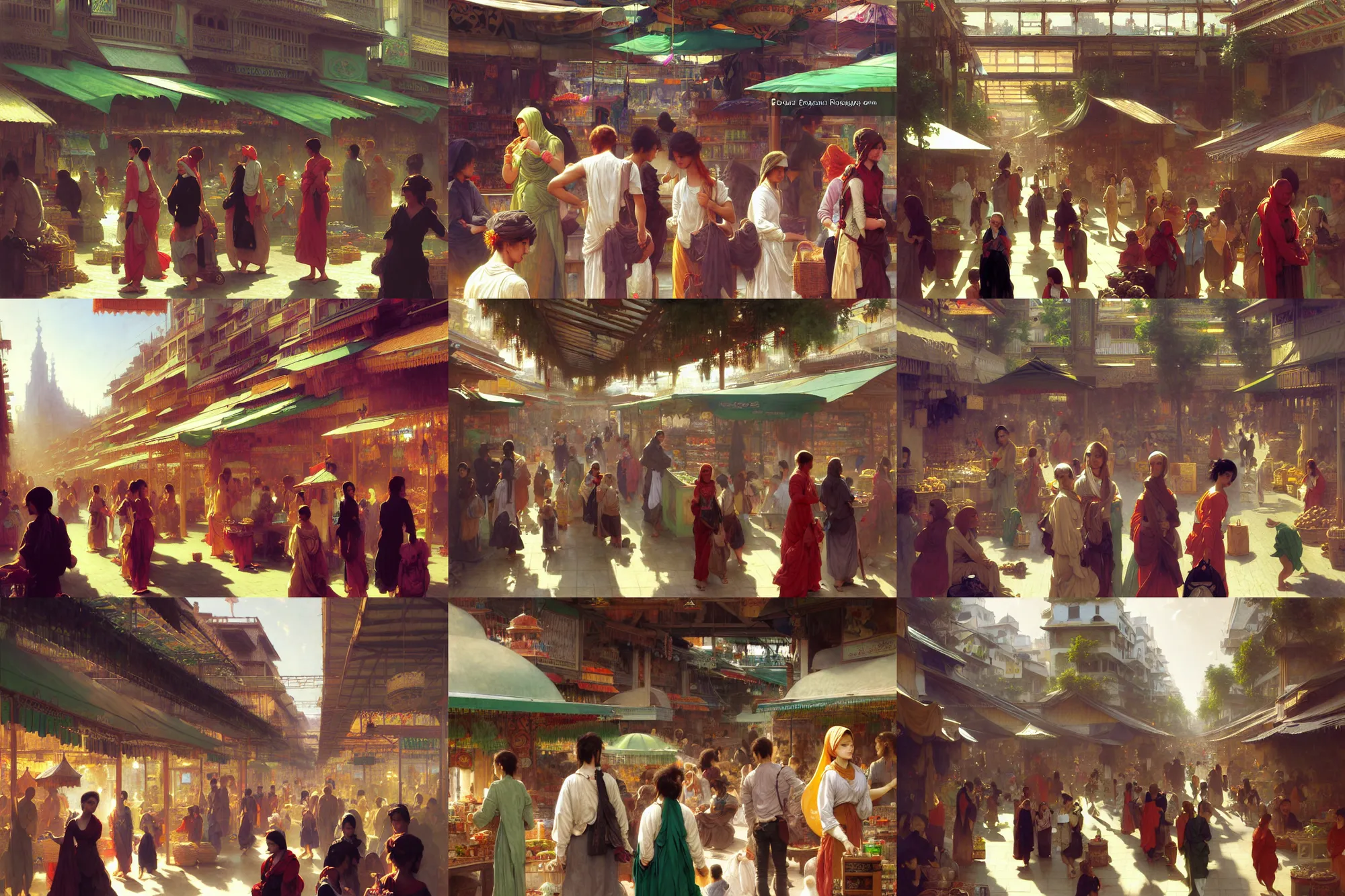 Prompt: detailed illustration of a bazaar, ecopunk aesthetic, anthropomorphic characters, busy, bustling, customers and merchant stands, god rays, bloom, by bouguereau, by ruan jia, by conrad roset, by yoshitaka amano, cgsociety, artstation.