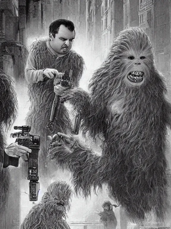 Prompt: rich evans and mike stoklasa save george lucas from a crackhead wookie in 1 9 3 0 s paris, hyperrealistic, 4 k, ultra detailed, intricate detail, octane render, photorealistic, art by wayne barlowe, art by keith parkinson.