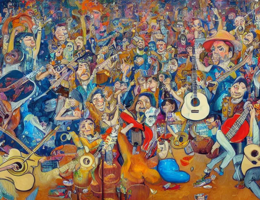 Image similar to a detailed oil painting of a concert by going bananas with guitars while the gold fishes are stoned and smiling in the sky in the style of artist James Jean