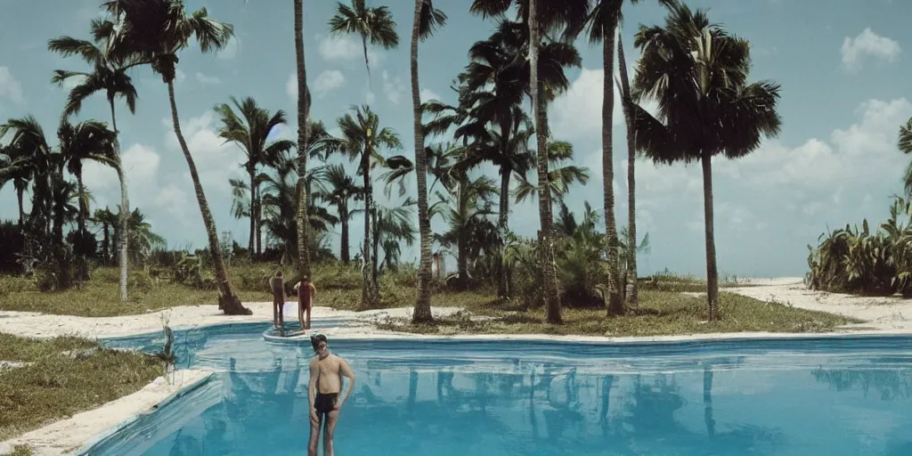 Image similar to wide shot of John Turturro standing in a surreal defunct florida keys abandoned resort with palm trees around a pool, a surreal vaporwave liminal space, 1970s thriller, color kodak Kubrick film, anamorphic lenses