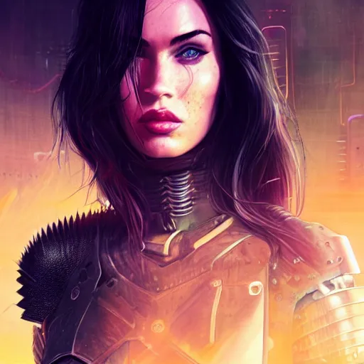 Image similar to megan fox portrait, dystopia core, apocalyptic, armor, warrior, dramatic, sharp focus, fiction, neon, fantasy, hyper detailed, digital art, trending in artstation, cinematic lighting, studio quality, smooth render, unreal engine 5 rendered, octane rendered, art style and nixeu and wlop and krenz cushart