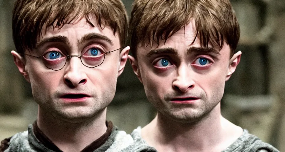 Prompt: Daniel Radcliffe as Dobby the house elf, movie still