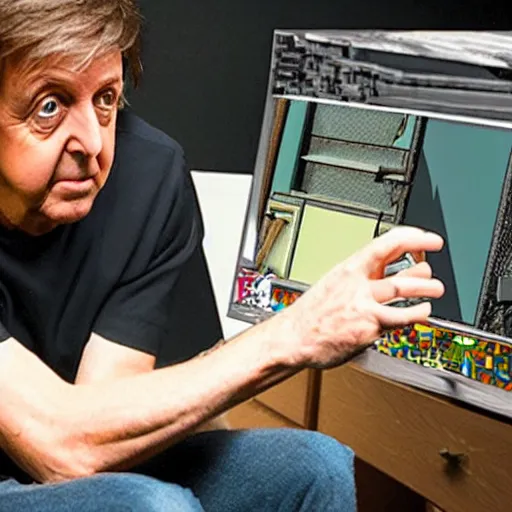 Image similar to a photo from behind paul mccartney playing minecraft