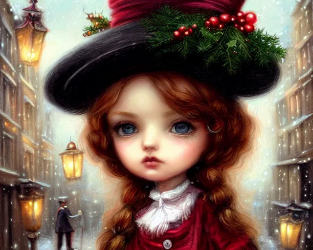 Image similar to closeup profile portrait of victorian london streets, nicoletta ceccoli, mark ryden, lostfish, max fleischer, hyper realistic, artstation, illustration, digital paint, matte paint, vivid colors, bright, cheerful, detailed and intricate christmas environment