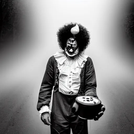 Image similar to an old black & white 5 0 mm close up portrait of a man dressed up as a clown holding a playstation controller in a dark foggy alley