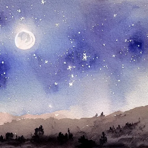 Image similar to a beautiful night sky in water color with moon and stars by ansel adams