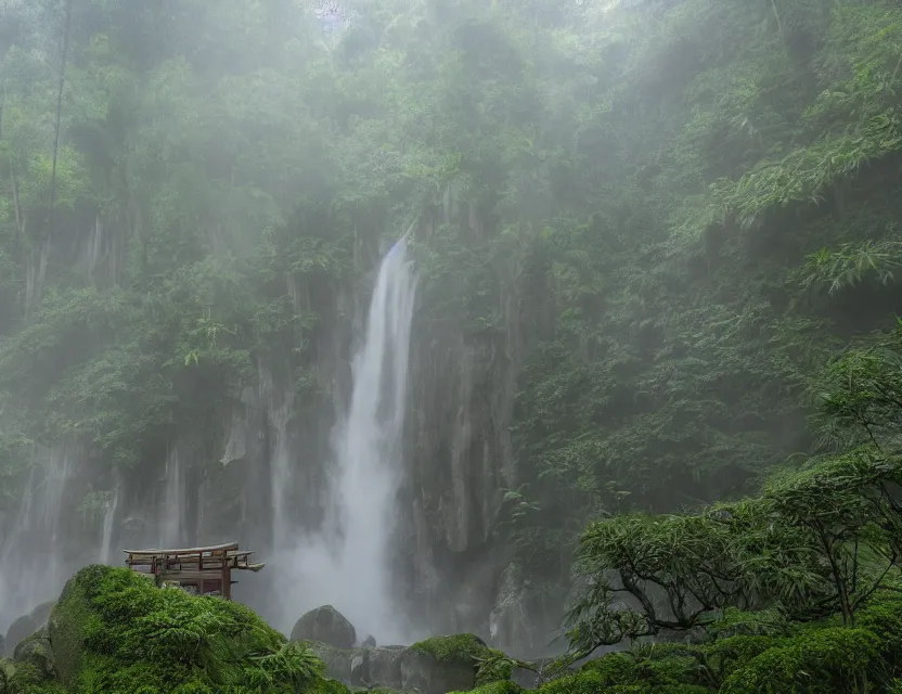 Prompt: a cinematic widescreen photo of epic ancient japanese hot springs temples on the top of a mountain in a misty bamboo cloud forest with waterfalls in winter by lee madgewick and studio ghibli