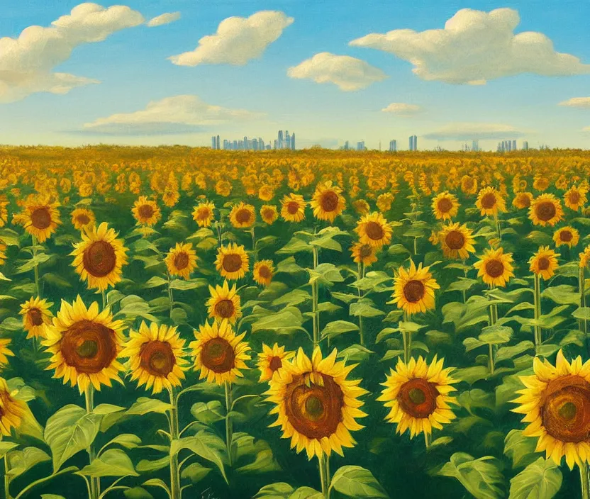 Image similar to a very detailed painting of a sunflower field, baby blue sky with very aesthetic stylized clouds, there is a big city with futuristic buildings in the back, there are mountains in the back, in the style of edward hopper and hugo pondz, very fine brushstrokes, 4 k,