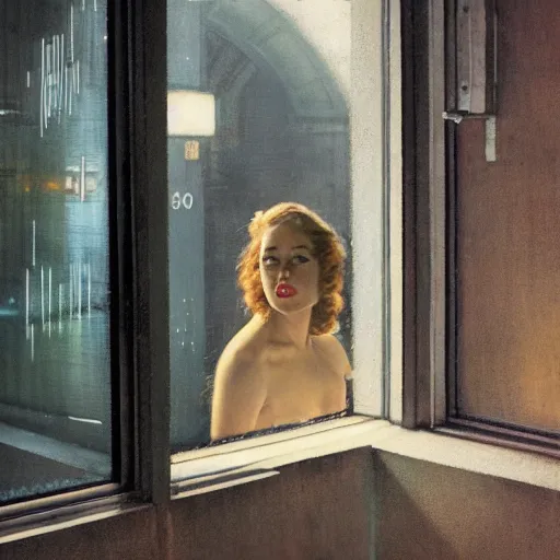 Image similar to detailed portrait of a woman, moment, cyberpunk cloisters, electronic billboards, tech noir, wet reflections, atmospheric, ambient, wlop, norman rockwell, alexis flower, hopper, livia prima, greg rutkowski, george tooker, gil elvgren, norman rockwell, alexis flower, hopper, mucha, whistler, norman rockwell, peter max,